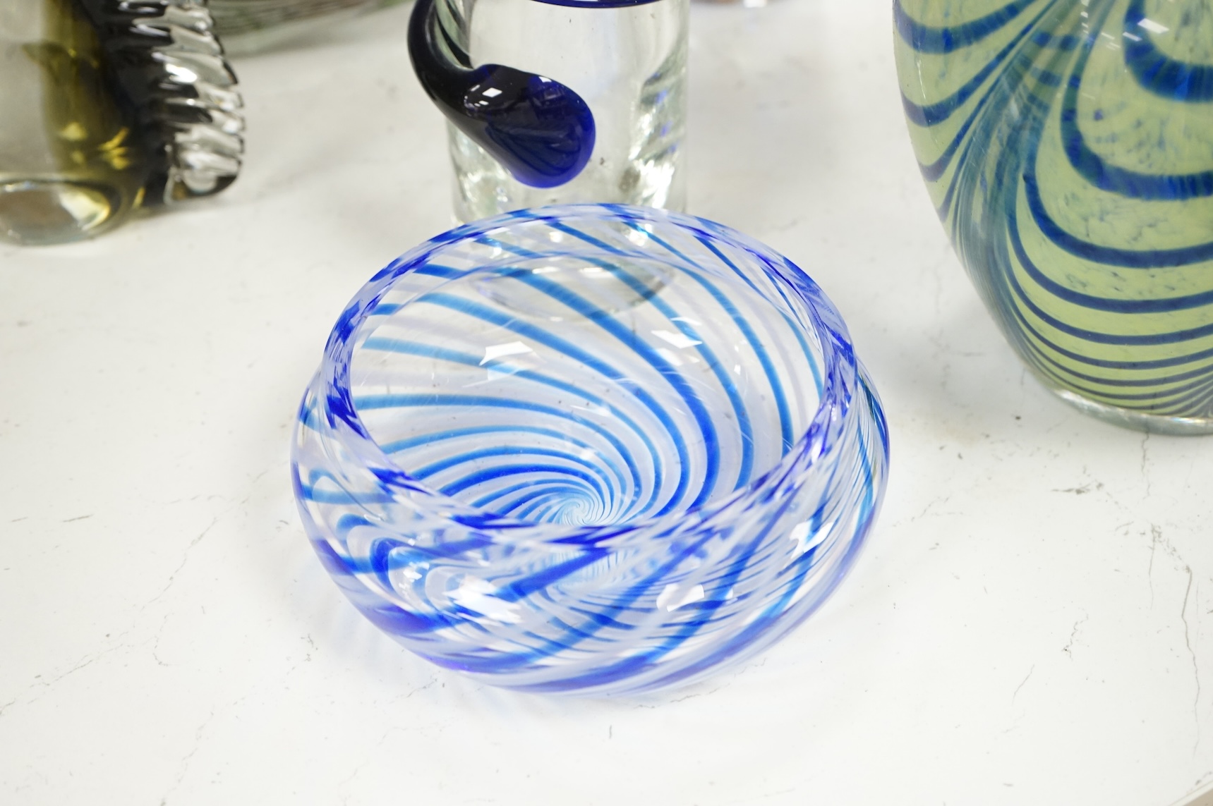 A collection of mid century and later art glass vases and ornaments, largest 39cm high